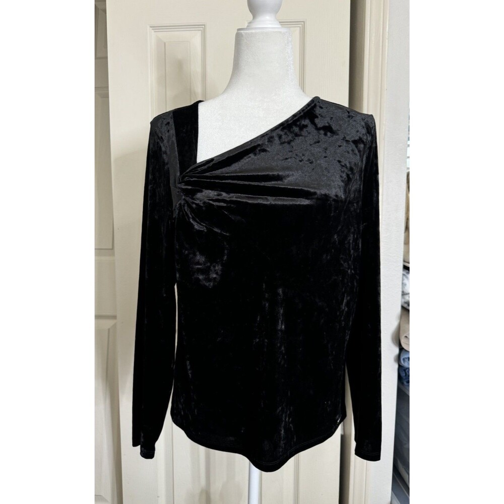 Calvin Klein  Women’s Top,Black Velvet Stretch  Shirt Knots up on Left Shoulder